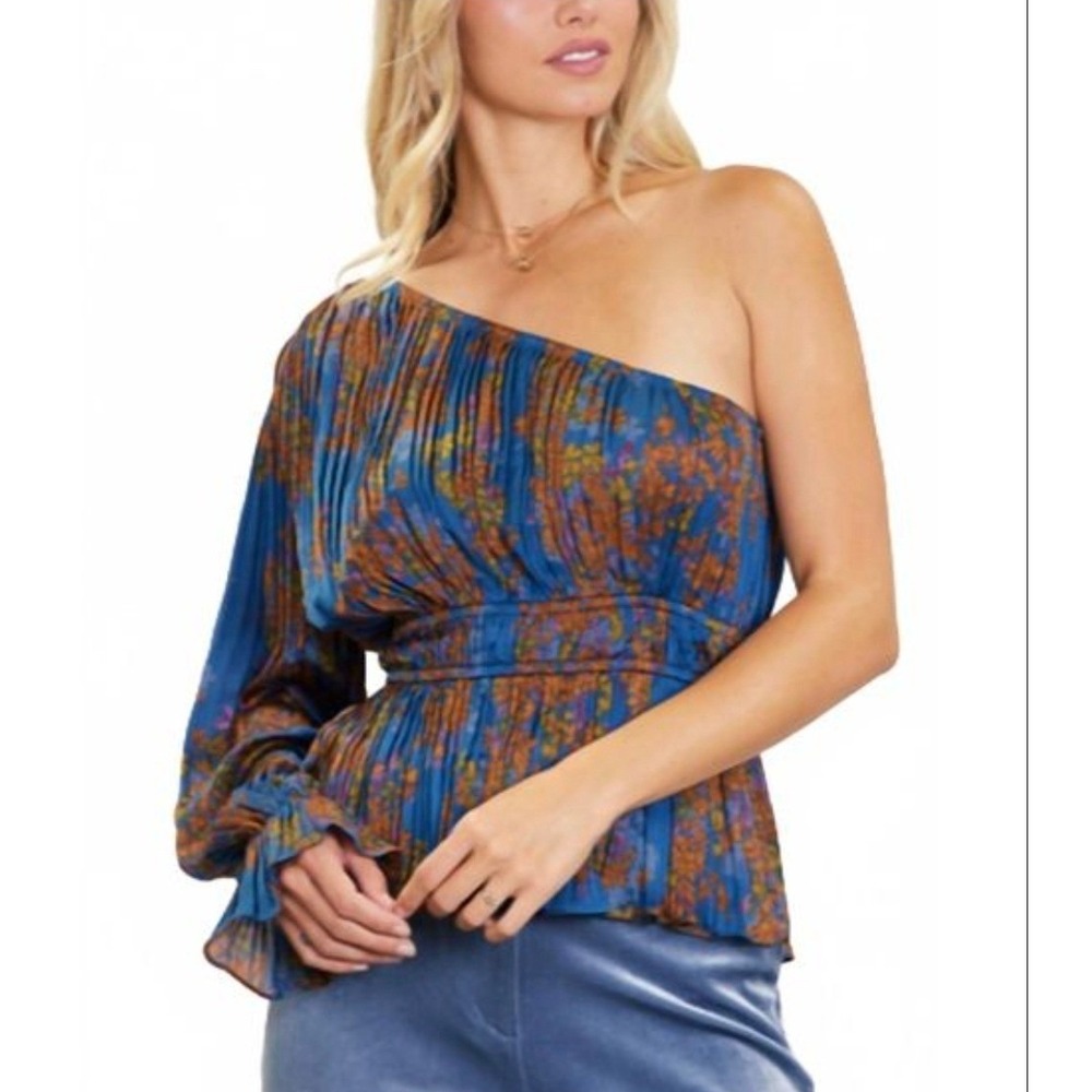 Skies Are Blue Women Blue Portofino 1 Shoulder Floral Pleated Peplum top NWT M